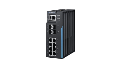 DIN rail L2 switch, 8 Gigabit Ethernet ports, 4 SFP+ ports, -40~75°C operating temperature, IXM, X-Ring Pro, Security Pack features.